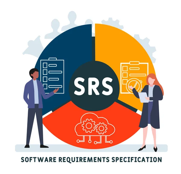 Płaska Konstrukcja Ludźmi Srs Wymagania Programowe Specyfikacja Akronimu Tło Koncepcji — Wektor stockowy