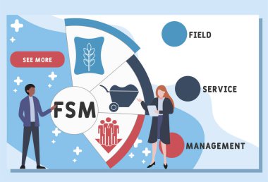 Vektör web sitesi tasarım şablonu. FSM - Saha Hizmeti Yönetimi kısaltması. İş kavramı geçmişi. Web sitesi afişi, pazarlama malzemeleri, iş sunumu, çevrimiçi reklamcılık için illüstrasyon. 
