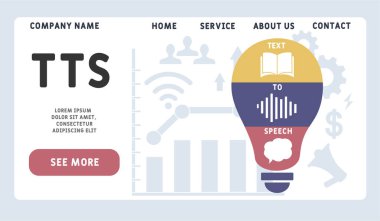 Vektör web sitesi tasarım şablonu. TTS - Konuşma kısaltması metni. İş kavramı geçmişi. Web sitesi afişi, pazarlama malzemeleri, iş sunumu, çevrimiçi reklamcılık için illüstrasyon. 