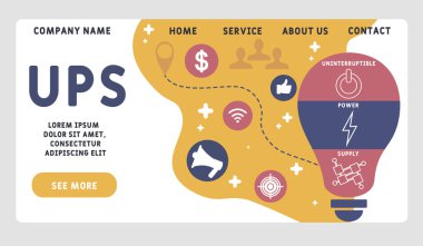 Vektör web sitesi tasarım şablonu. UPS - Kesintisiz Güç Kaynakları kısaltması. İş kavramı geçmişi. Web sitesi afişi, pazarlama malzemeleri, iş sunumu, çevrimiçi reklamcılık için illüstrasyon.