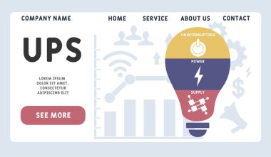 Vektör web sitesi tasarım şablonu. UPS - Kesintisiz Güç Kaynakları kısaltması. İş kavramı geçmişi. Web sitesi afişi, pazarlama malzemeleri, iş sunumu, çevrimiçi reklamcılık için illüstrasyon.