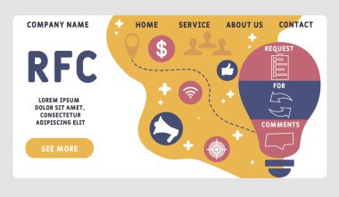 Vektör web sitesi tasarım şablonu. RFC - Yorumların kısaltması için istek. İş kavramı geçmişi. Web sitesi afişi, pazarlama malzemeleri, iş sunumu, çevrimiçi reklamcılık için illüstrasyon. 