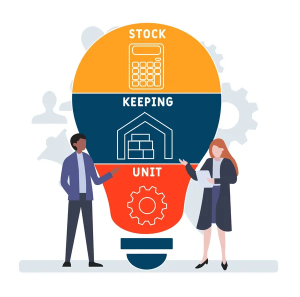 Lapos Kialakítás Emberekkel Sku Stock Keeping Unit Mozaikszó Üzleti Koncepció — Stock Vector