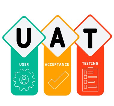 UAT - Kullanıcı Kabul Testi Kısaltma. İş kavramı geçmişi. Anahtar sözcükler ve simgelerle vektör illüstrasyon kavramı. Web afişi, el ilanı, iniş sayfası simgeleriyle illüstrasyon