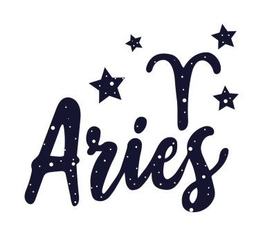 Koç burcunun burcu. El yazısı astolojik kart metni. Tipografi yazı tipi burç simgesi simgesi. Astroloji etiketi. Astronomi rozeti. Stok çizimi. Mektup yazıyorum. Yıldızlar ve desenler.