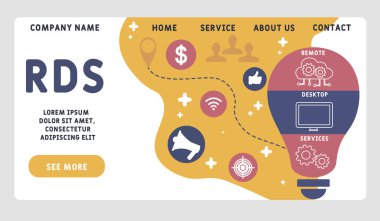 Vektör web sitesi tasarım şablonu. RDS - Uzak Masaüstü Servisleri kısaltması. İş kavramı geçmişi. Web sitesi afişi, pazarlama malzemeleri, iş sunumu, çevrimiçi reklamcılık için illüstrasyon. 