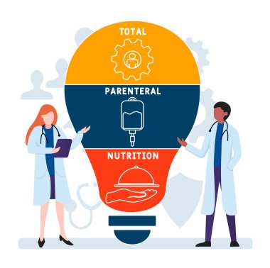 İnsanlarla düz tasarım. TPN - Toplam Parenteral Beslenme kısaltması, tıbbi konsept geçmişi. Web sitesi afişi, pazarlama materyalleri, iş sunumu, çevrimiçi reklamcılık için vektör illüstrasyonu.