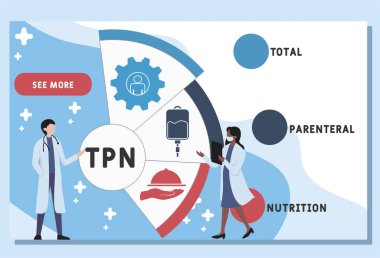 Vektör web sitesi tasarım şablonu. TPN - Toplam Parenteral Beslenme kısaltması. Tıbbi konsept geçmişi. Web sitesi afişi, pazarlama malzemeleri, iş sunumu, çevrimiçi reklamcılık için illüstrasyon. 