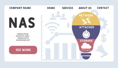 Vektör web sitesi tasarım şablonu. NAS - Ağ Eklenmiş Depo kısaltması. İş kavramı geçmişi. Web sitesi afişi, pazarlama malzemeleri, iş sunumu, çevrimiçi reklamcılık için illüstrasyon.