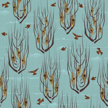 Kuşlar ağaçlara yuva yapar. Mavi gökyüzü vektör deseninde uçan kuşlar. Yumurtalı yuvalar ve kuş ebeveynleri. Vahşi yaşam tekrarlanan şablon.