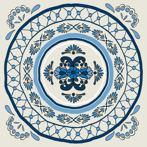 Geleneksel Meksika seramik motifli desen. Tarzlanmış Fas mozaiği. Çivit renginde döşeme süsü. Girdaplı kusursuz mavi süs.. 