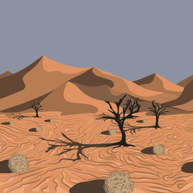 Afrika çölü manzarası ve florası. Tumbleweed topları ve kum tepelerinin önündeki ölü ağaçlar. Yatay ve pürüzsüz desen. 