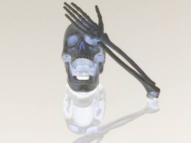 a human skull with an open mouth resembling laughter covers its eyes with a skeleton hand,hand face