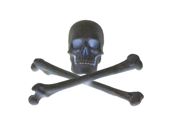 human skull with blue glowing eyes and crossed bones isolated on a white background, a sign stop, be careful, dangerous.