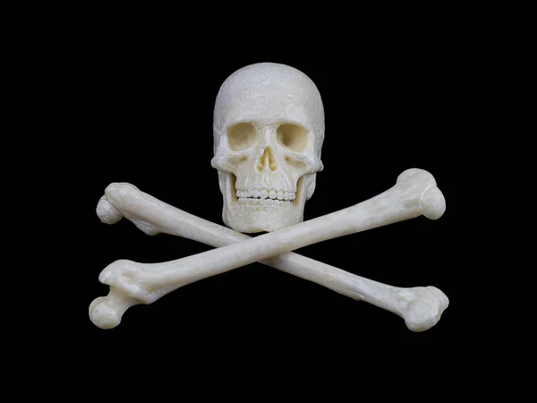 Human Skull Crossed Bones Isolated Black Background Sign Stop Careful — Stockfoto