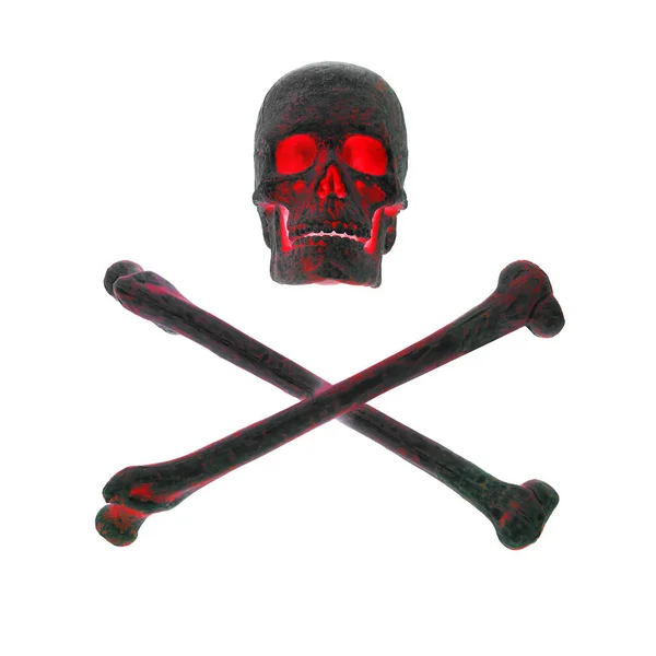 Human Skull Red Glowing Eyes Crossed Bones Isolated White Background — Fotografia de Stock