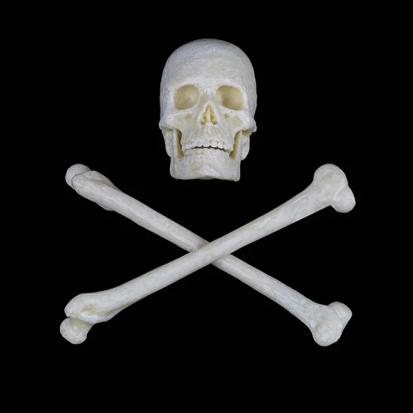 Human Skull Crossed Bones Isolated Black Background Sign Stop Careful — Stockfoto