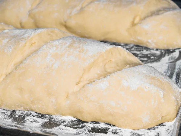 Before baking, the dough lies on a baking sheet sprinkled with flour in the oven