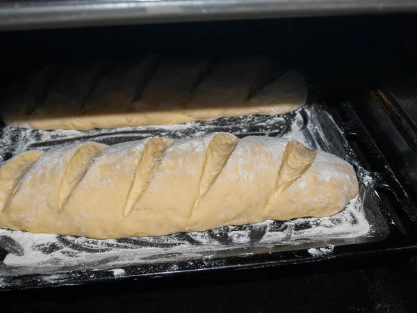 Before baking, the dough lies on a baking sheet sprinkled with flour in the oven