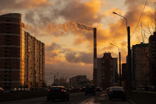 Selective Focus Harmful Emissions Environmental Violations City Very Beautiful Sunset — Stock Photo, Image