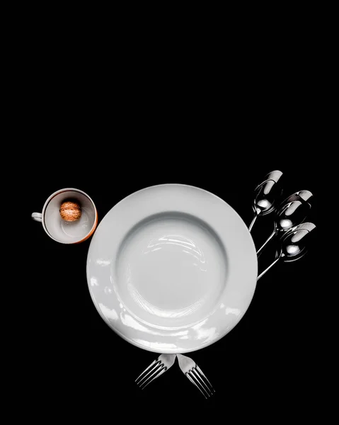 鸟用盘子 杯子和餐具 眼睛是核桃做的 背景是黑色的 俯瞰全景 — 图库照片