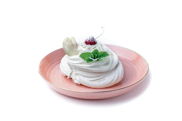 Zoet Eten Witte Single Meringue Met Kersen Munt Appels Een — Stockfoto