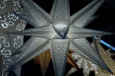 Seçici bir şekilde çeşitli güzel ve parlak Noel yıldızlarına odaklan. Noel ve yeni yıl için parlak tatil süslemeleri.