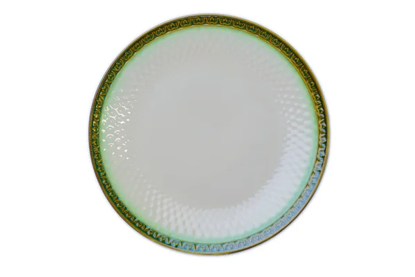 空白瓷盘 细腻的糊状白色 边框黄绿色 底色白色 供设计者使用 — 图库照片