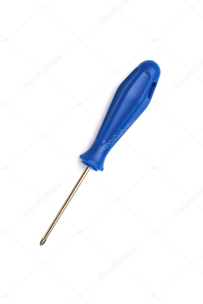 reliable hand-held machine tool, single Phillips screwdriver with blue handle isolated on white background, vertical frame