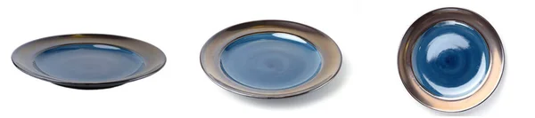 Набор Синих Круглых Тарелок Тарелок Золотым Контуром Изолированных Белом Фоне — стоковое фото