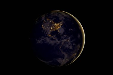 Dünya 'nın karanlık yüzü. Karanlık uzayda Dünya gezegeni. Gezegendeki yaşam ve insan uygarlığı. Bu görüntünün elementleri NASA tarafından sağlanır. Soyut duvar kağıdı.