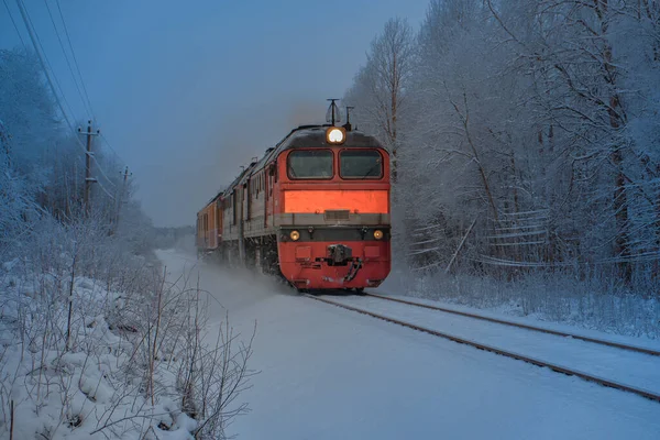 Tren Las Vías Vagón Del Tren Está Moviendo Cerca Locomotora — Foto de Stock