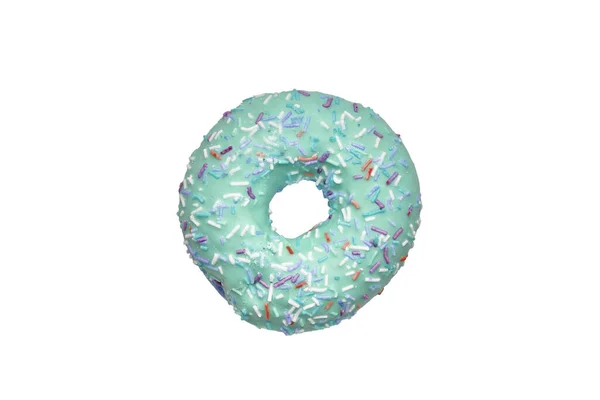 Meergrün Aquamarin Donut Mit Bunten Streuseln Auf Weißem Hintergrund Flach — Stockfoto