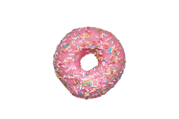 Roze Donut Versierd Met Kleurrijke Hagelslag Geïsoleerd Witte Achtergrond Plat — Stockfoto