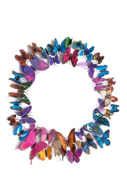 Beyaz bir arka planda izole edilmiş renkli kelebek sürüsü. Çember şeklinde. Uzayı kopyala.