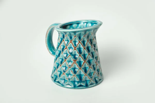Blauer Keramikkrug Vasengriff Isoliert Auf Weiß — Stockfoto