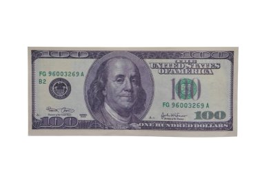Beyaz arka planda izole edilmiş 100 dolar. Bir ABD banknotunun en büyük değeri, bir tasarımcı için bir engel