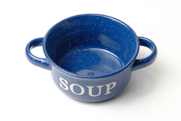 Голубая Тарелка Супа Ручками Белом Фоне Текстурированные Буквы Супа Боку — стоковое фото