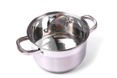 Çelik tencere ve kapak yakın plan beyaz zemin üzerinde izole