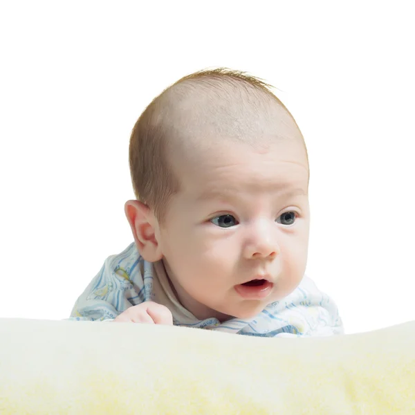 Retrato de cara divertida caucásica recién nacido bebé niño aislado en blanco — Foto de Stock