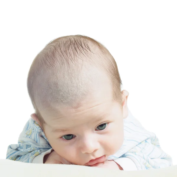 Retrato de cara divertida caucásica recién nacido bebé niño aislado en blanco —  Fotos de Stock