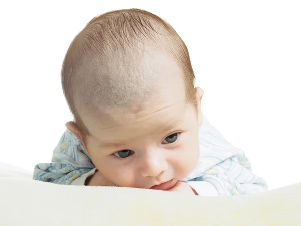 Retrato de cara divertida caucásica recién nacido bebé niño aislado en blanco — Foto de Stock