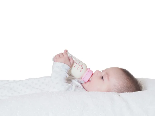 Baby boy  drinking milk from the bottle isolated — Stock Photo, Image