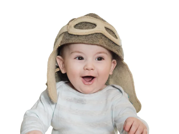 Kaukasische babyjongen in pilot hoed, geïsoleerd — Stockfoto
