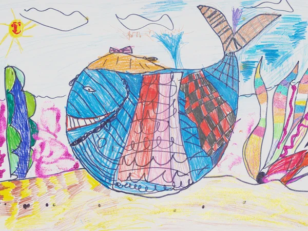 Children drawing multicolored whale