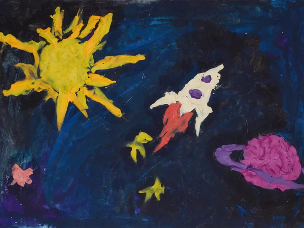 Crianças desenhando foguete voando no espaço — Fotografia de Stock