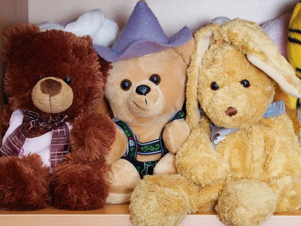 Yumuşak yumuşak hayvan oyuncaklar oynamak bir çocuk bekliyor 