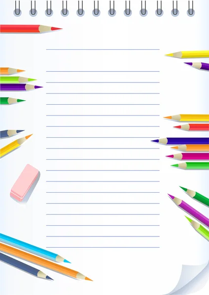 Bloc-notes en papier avec crayons de couleur — Image vectorielle