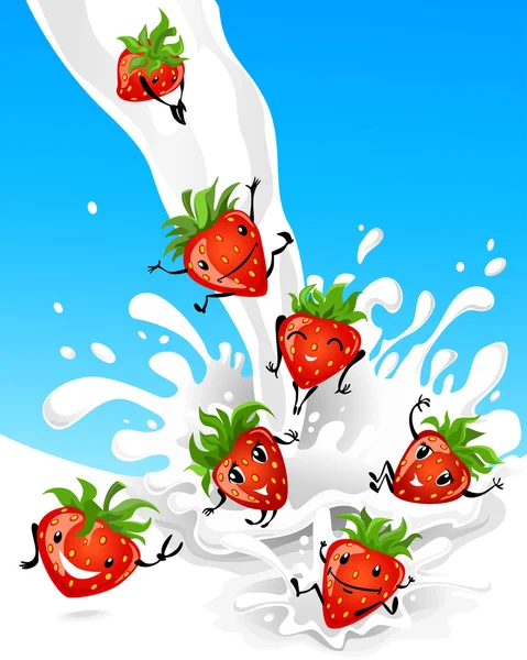 Aardbeien met plezier in melk — Stockvector