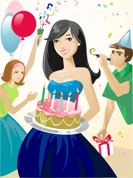 Fiesta de cumpleaños feliz con pastel — Vector de stock